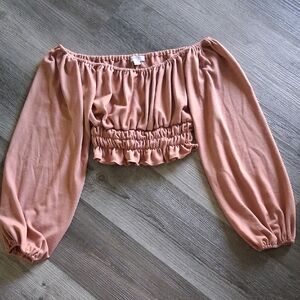 Cotton Blend Cropped Balloon Sleeve Top Shirt Tan Brown M Boho